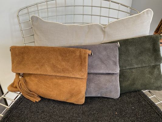 Fold over suede clutch bags